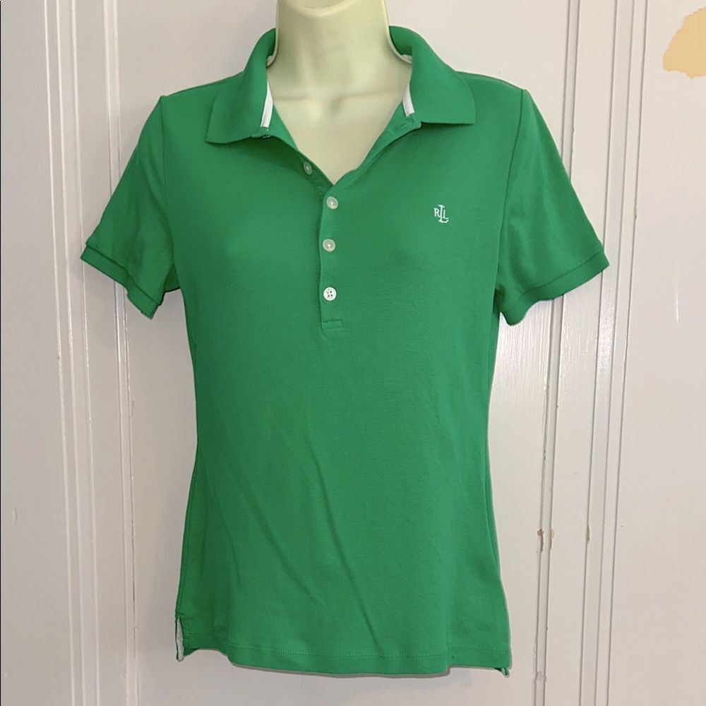 Lauren Ralph Lauren Green Fitted Button Down‎ Short Sleeve Cotton Polo Shirt